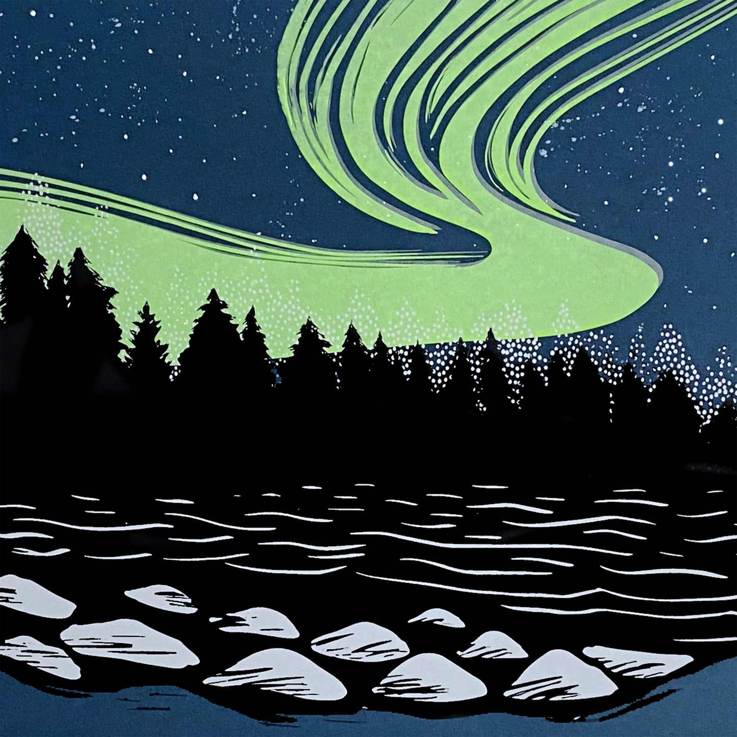 Northern lights artwork. A rich neon green aurora ink on top of a dark blue backround behind the shadows of a Black Forest. A lake in the foreground showing some light on rocks. A close up photo of the aurora borealis artwork