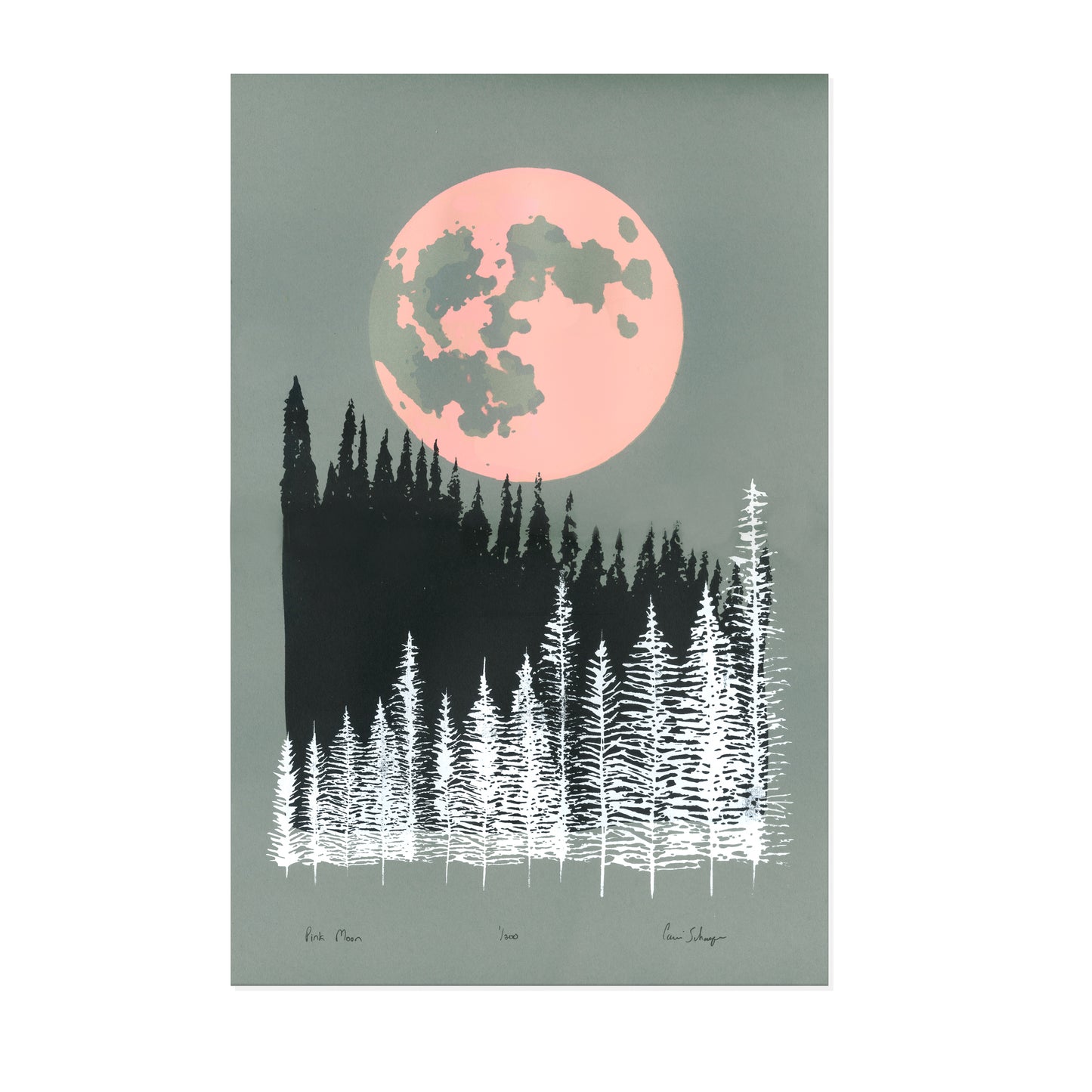 Pink flower moon, black and white trees, hand printed on steel blue French Paper