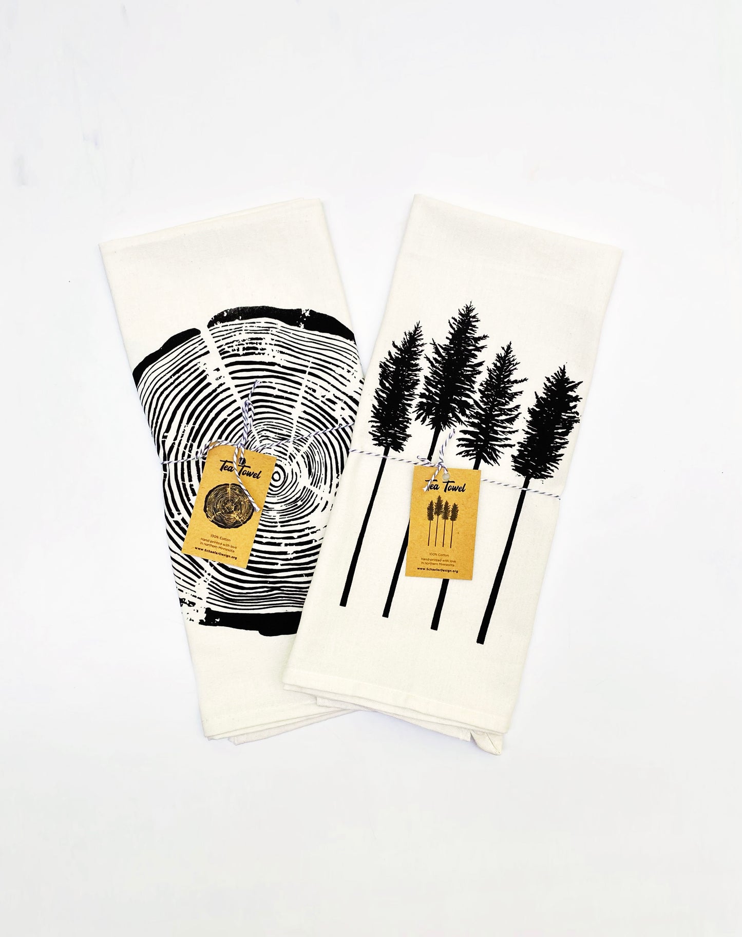 Set of Two Tea Towels | Pine Family and Tree Ring | 100% Cotton Tea Towel