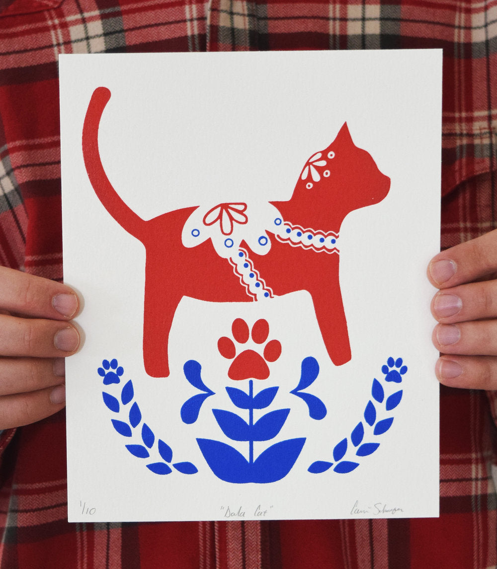 Dala Cat silk screen print. Inspired by the Dala Horse